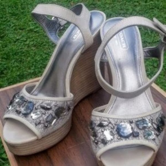 Coach Tan Leather Embellished Linen Stacked Platform Wedge Ankle Strap Shoes - Picture 10 of 14